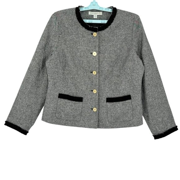 Liz Claiborne Women's Wool Blend Frilled Black Velvet Detail Grey Jacket Size XL - Picture 1 of 10